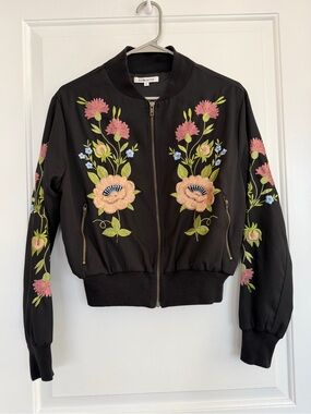 Glamorous Satin Black Bomber Jacket Floral Embroidery Small